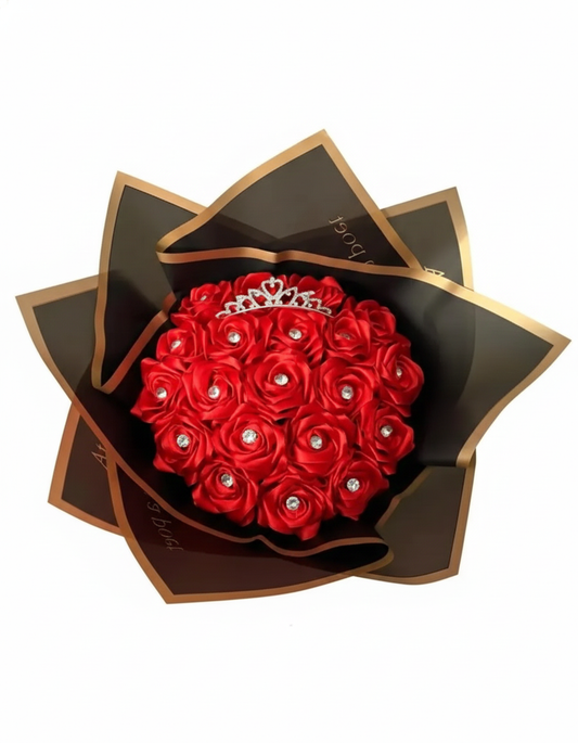 Eternal Royal Red Satin Rose Bouquet (with Tiara)