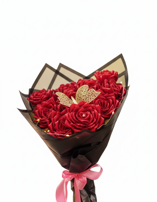 Eternal Crimson Ribbon Bouquet (with LED Lights & Gold Accents)